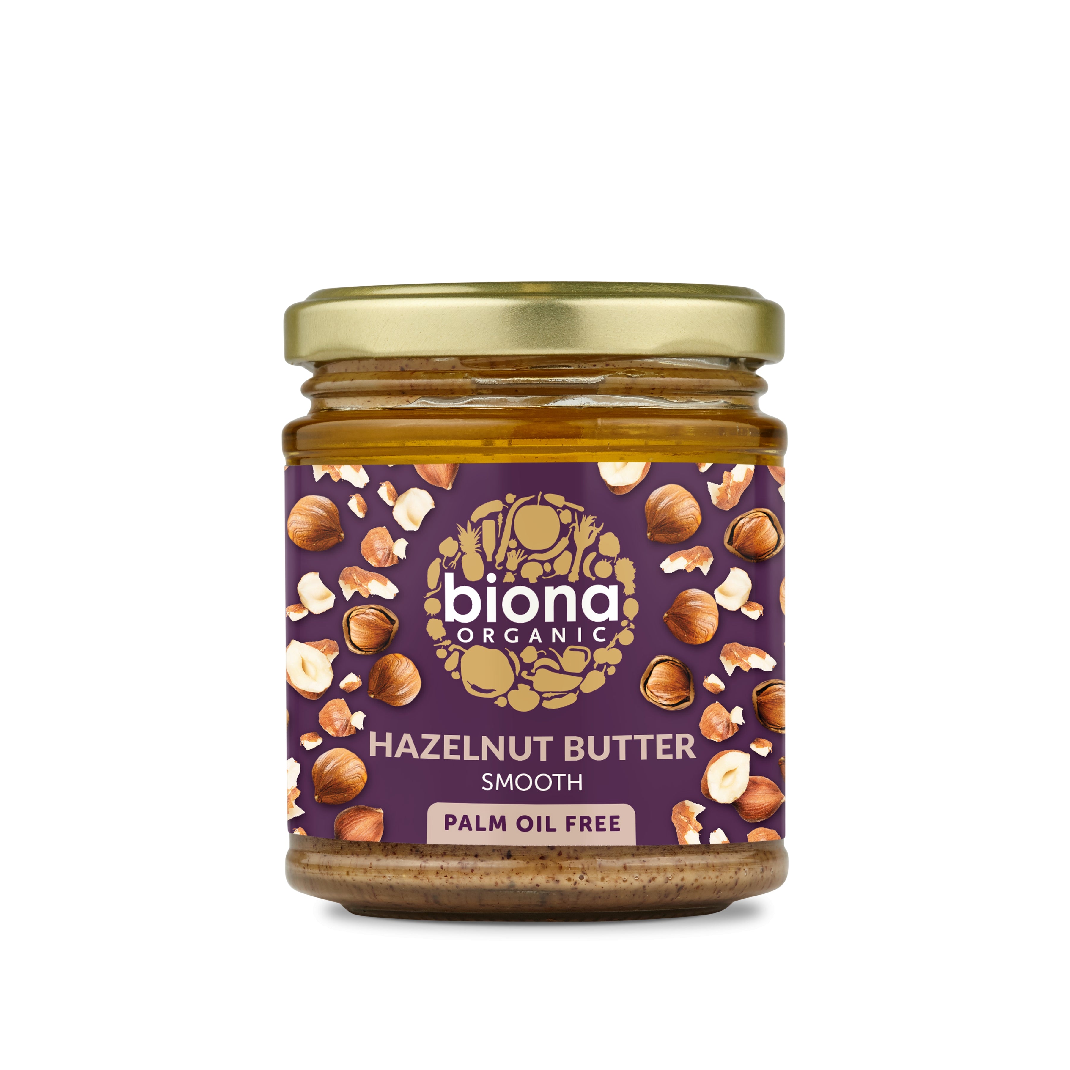 Borcan de cremă de alune eco Biona, etichetă mov cu alune, capac auriu.