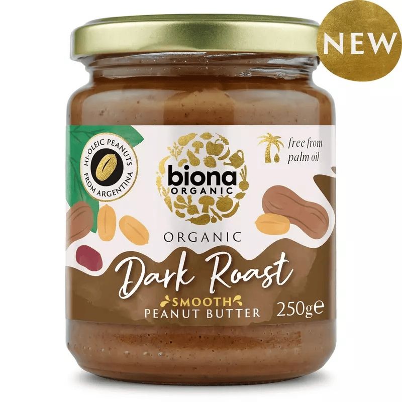 Crema de arahide smooth hi-oleic bio 250g Biona în borcan de sticlă cu capac verde.