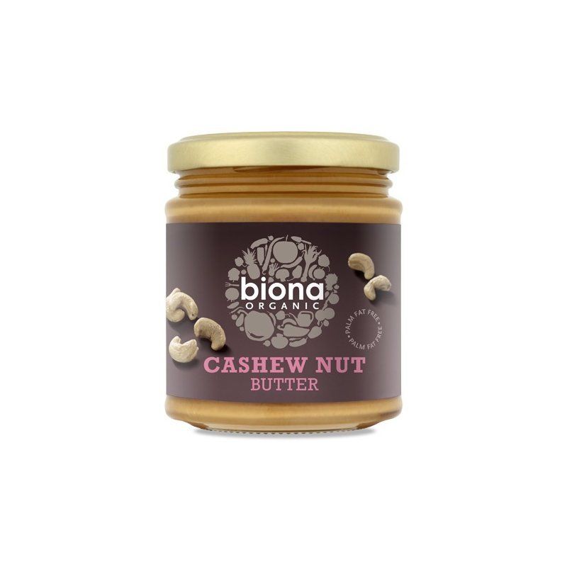 Cremă de caju bio BIONA 170g, borcan maro cu capac auriu, fără ulei de palmier.