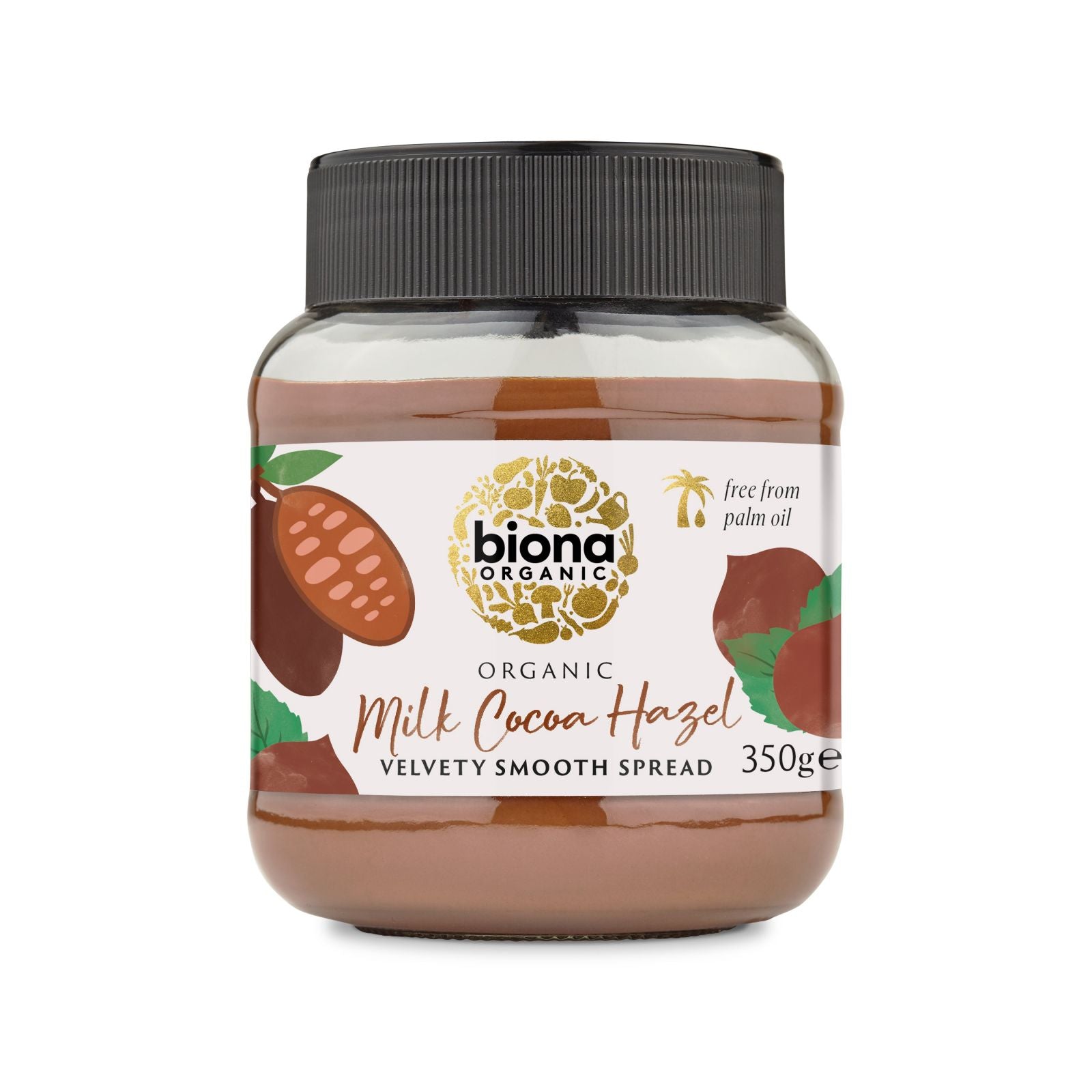 Crema de ciocolată cu lapte și alune bio Biona 350g, ambalaj maroniu cu capac negru.