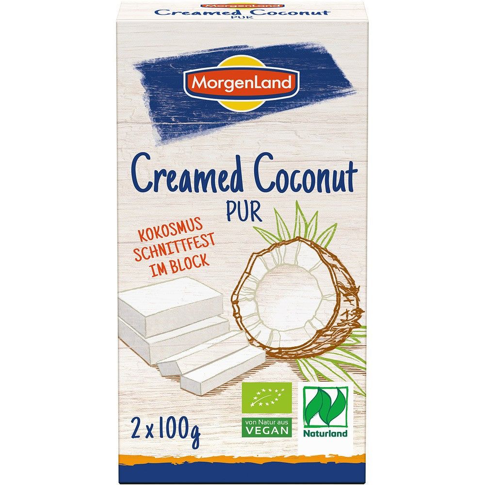 Ambalaj Crema de cocos bio MorgenLand 200g, logo vegan, nucă de cocos ilustrată, text albastru, fundal alb.