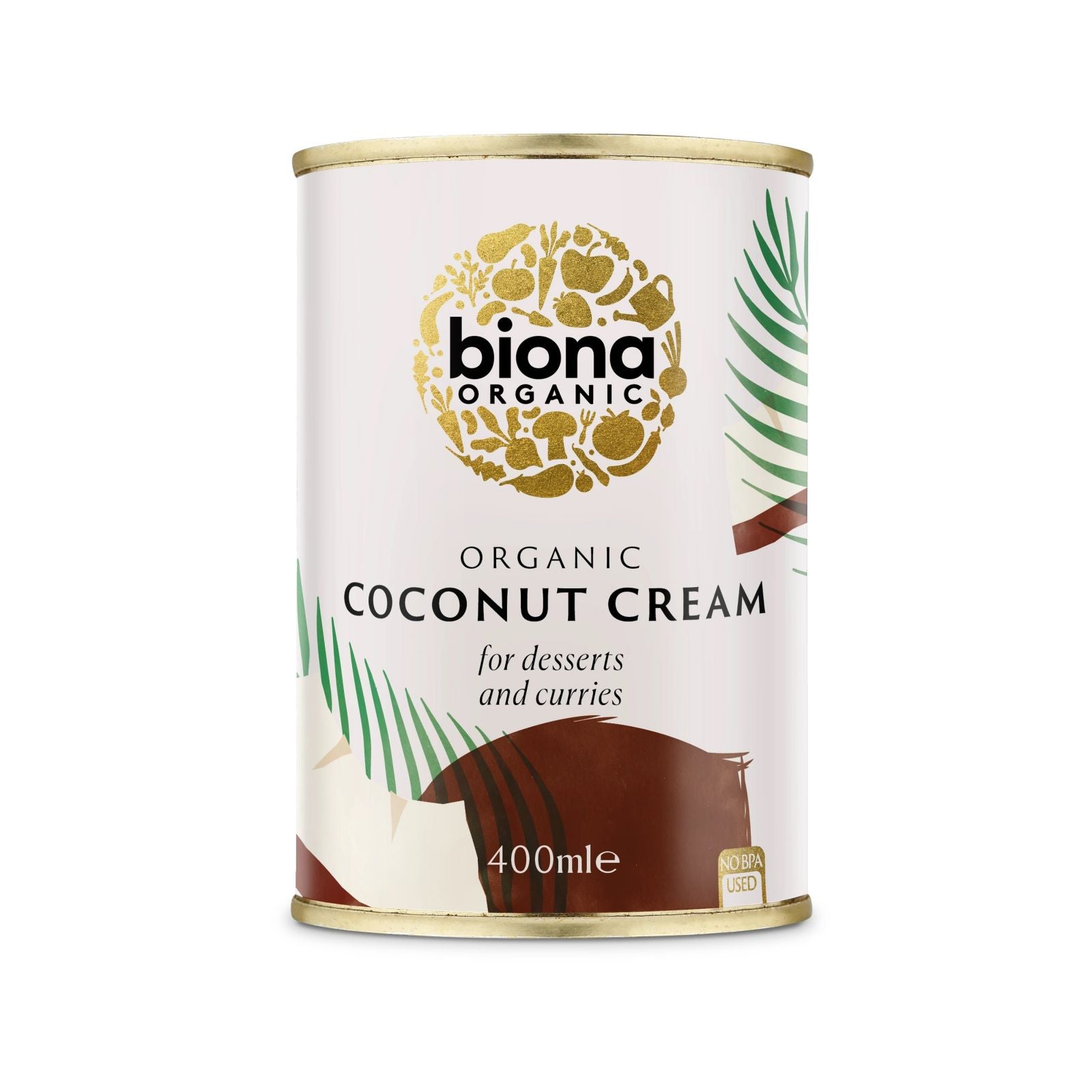 Crema de cocos eco 400ml BIONA, cutie albă cu logo auriu și detalii verzi.