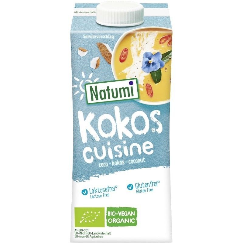 CREMA COCOS PT.GATIT ECO 200g NATUMI, cutie albastră, text alb, decor floare albastră.