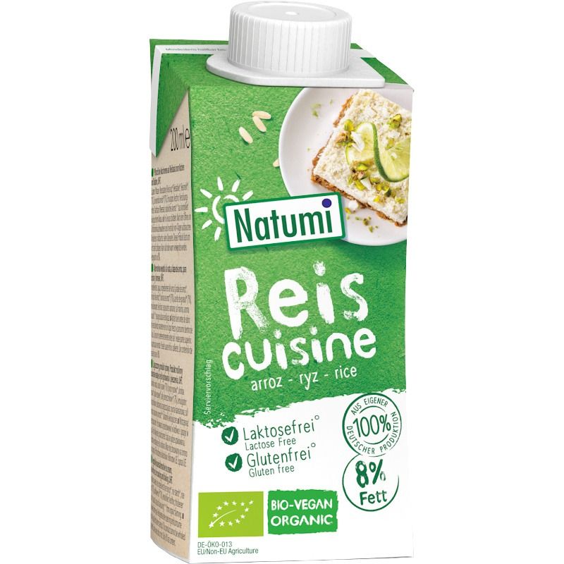 Crema de gătit din orez Natumi, bio, fără gluten, 200ml, ambalaj verde.