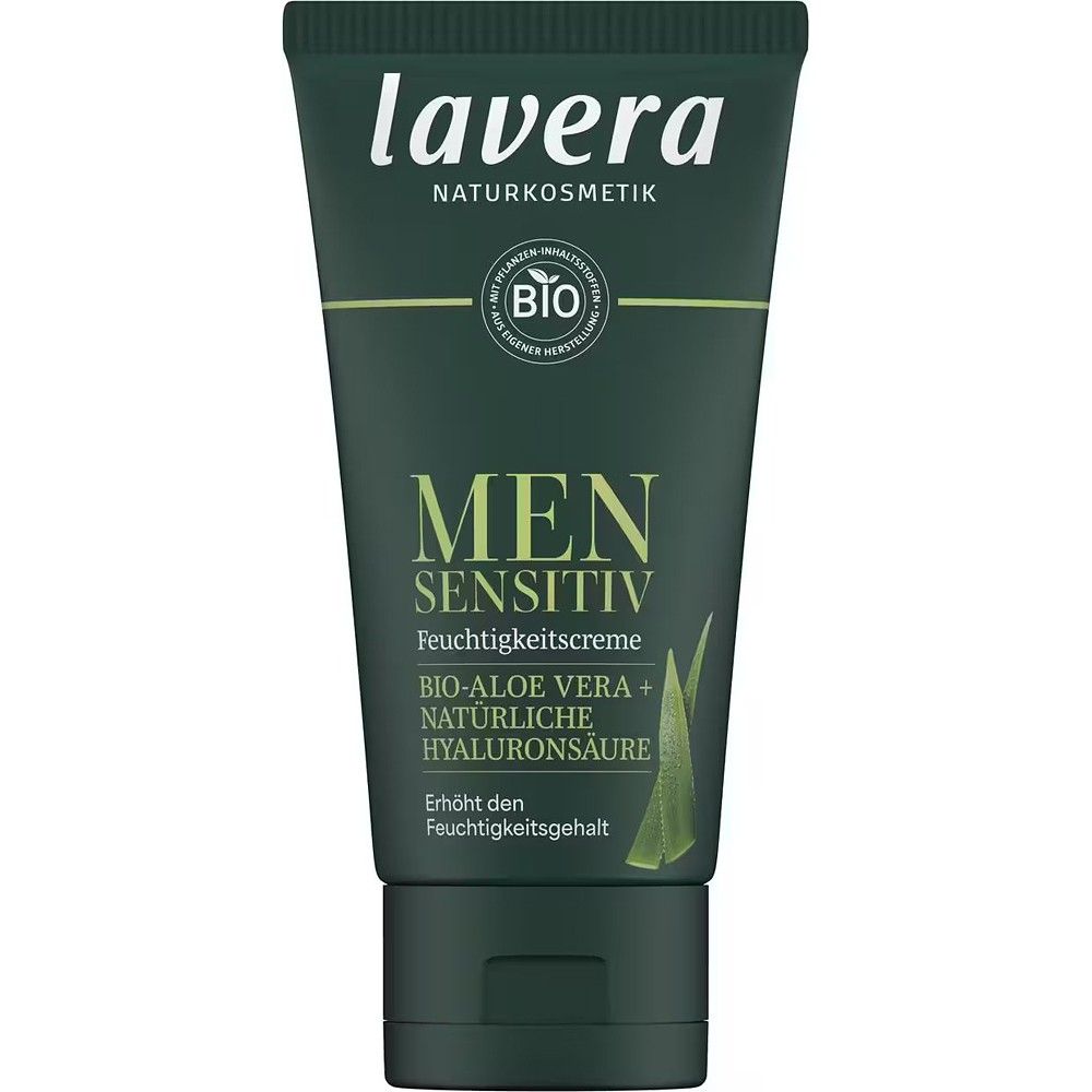 Crema hidratantă Lavera pentru bărbați, cu aloe vera bio, acid hialuronic, 50 ml, ambalaj verde.