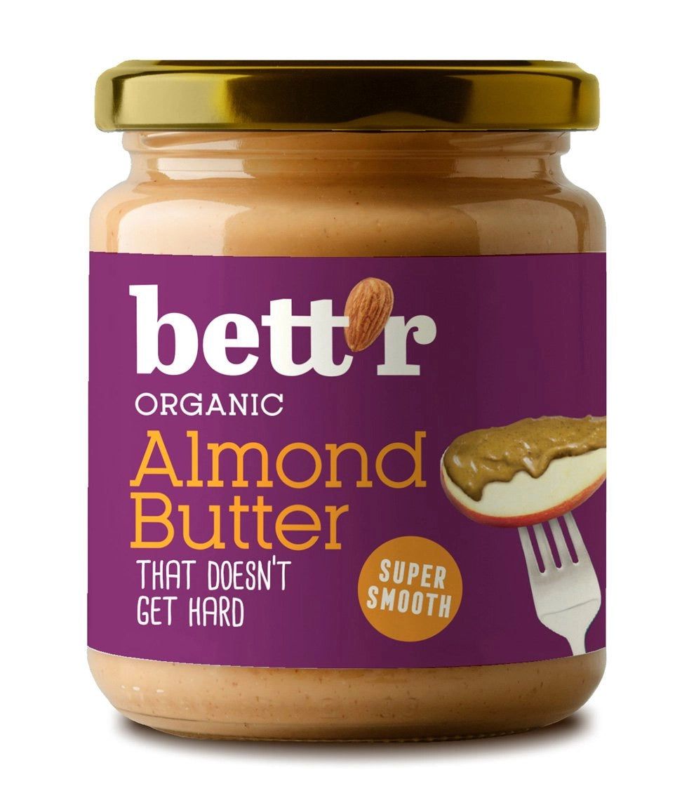 Cremă de migdale bio Bettr 250g, ambalaj borcan, etichetă mov, capac auriu.