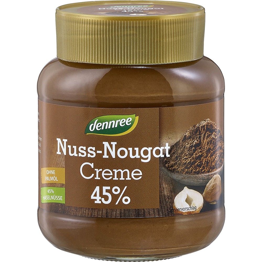 Cremă nuss-nougat Dennree bio 400g, borcan maro cu capac auriu, 45% alune.