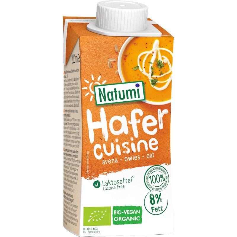 Crema de ovăz Natumi, 200ml, ambalaj portocaliu, bio-vegan, fără lactoză.
