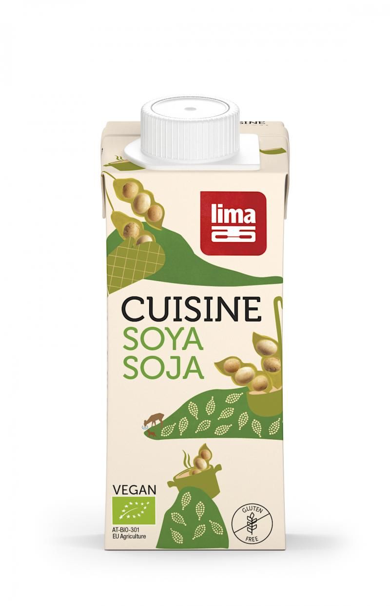 Crema de soia eco 200ml Lima, cutie cu design verde, etichetă vegană și fără gluten.