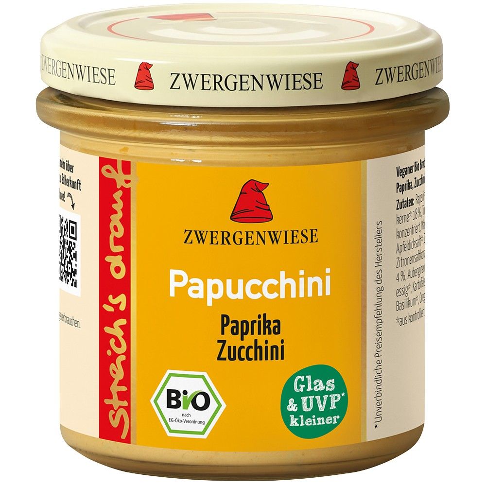 Crema tartinabilă vegetală bio Papucchini cu ardei și zucchini, 135g, etichetă galbenă.