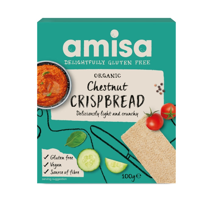 Crispbread castane fără gluten eco Amisa, ambalaj verde, 100g, ingrediente naturale.