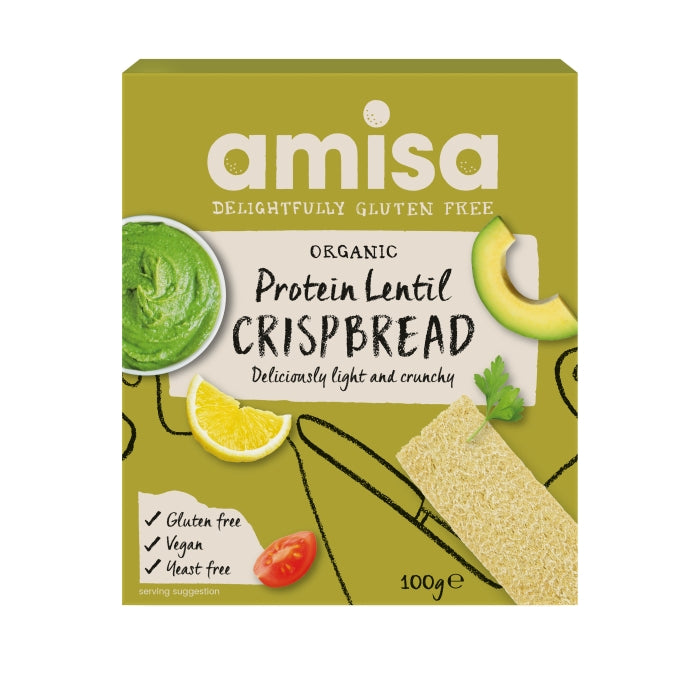 Amisa Crispbread proteic cu linte, fără gluten, eco, 100g, ambalaj verde, ingrediente ilustrative.