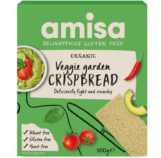 Crispbread Amisa fără gluten bio 100g, ambalaj verde cu imagine vegetală.
