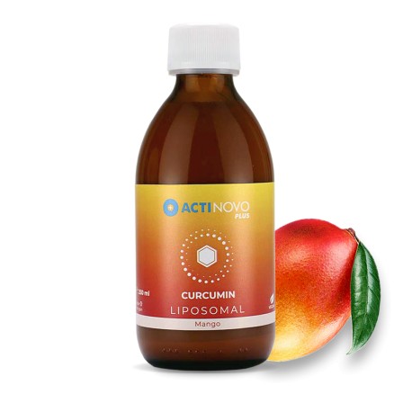 Curcumin lipozomal 250ml Actinovo, sticlă maro, etichetă galbenă și roșie, fruct mango alături.