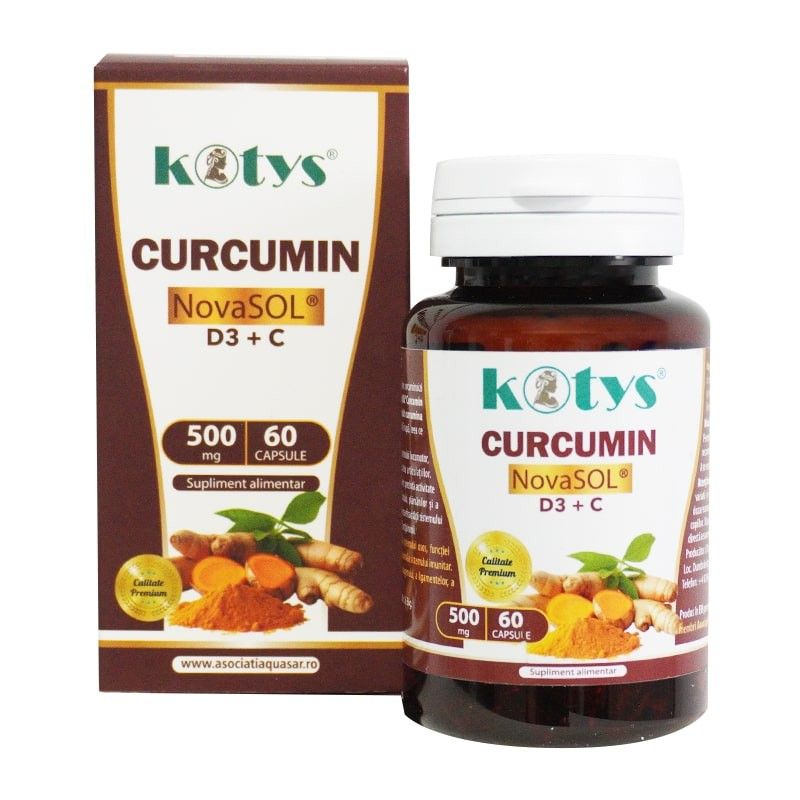Sticluță și cutie capac alb cu etichetă maro CURCUMIN NovaSOL D3+C 500mg 60 capsule KOTYS.