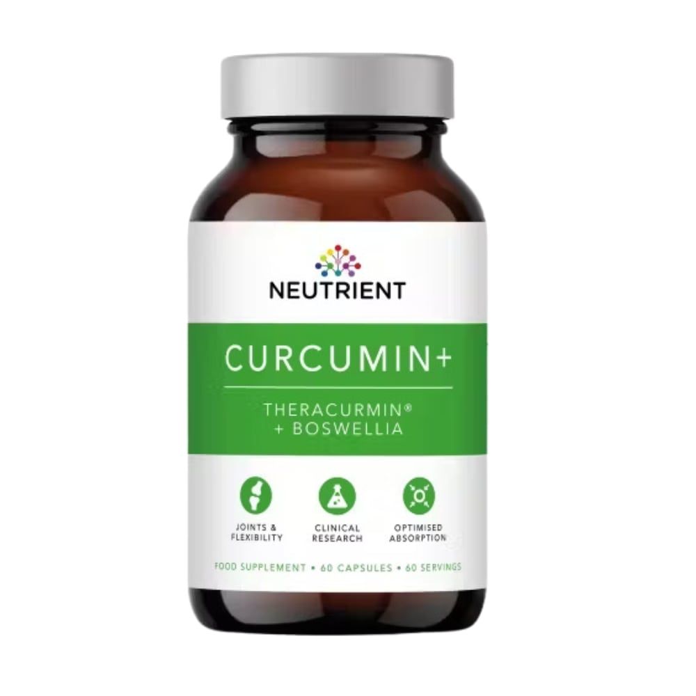 Curcumin Theracurmin Plus Boswellia capsule, flacon plastic maro cu etichetă verde și albă