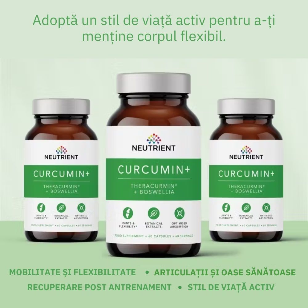 Flacoane Neutrient Curcumin+ cu etichete verzi, capac argintiu, plastic maro, 60 capsule.