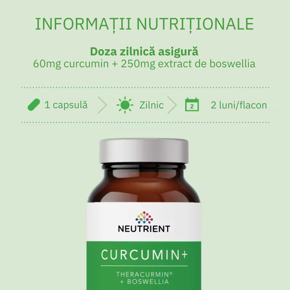 Flacon plastic maro cu capac argintiu și etichetă verde Curcumin Theracurmin Plus Boswellia.