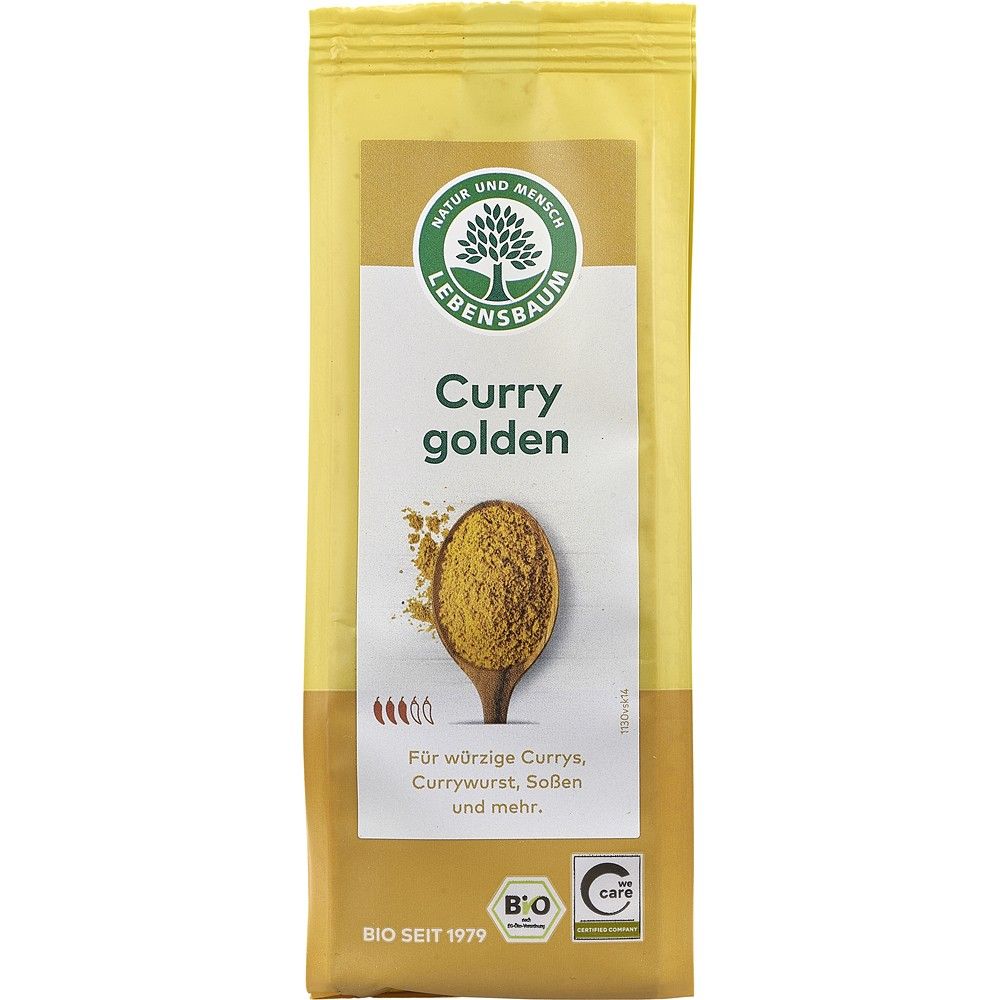Curry auriu bio Lebensbaum 50g în ambalaj galben, conține mix natural condimentat.