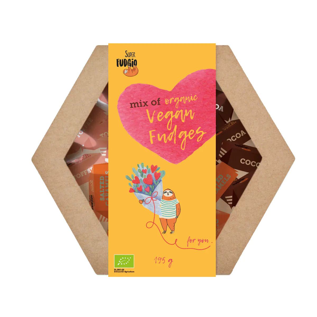 Cutie cadou caramel bio Super Fudgio 195g, vegan, auriu și maro, fără gluten.