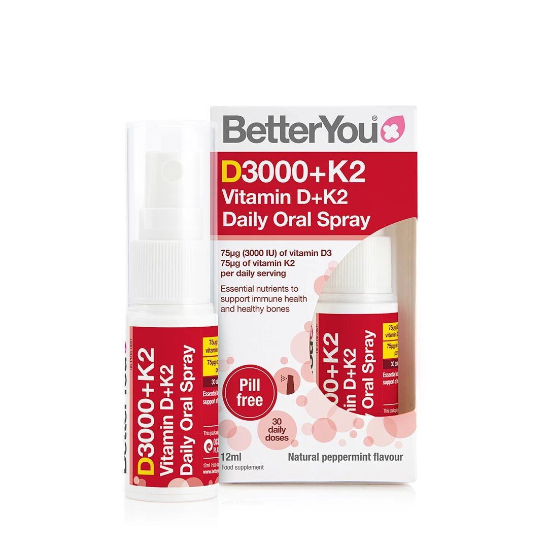 Spray oral D3000+K2 BetterYou 12ml, design alb și roșu, aromă mentă, suport imunitar și osoasă.