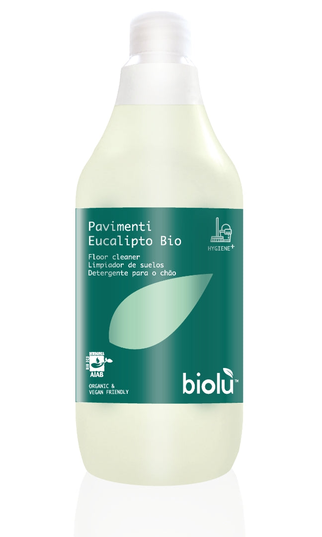 Detergent ecologic pardoseli 1L Biolu, etichetă verde, cu ulei esențial eucalipt.
