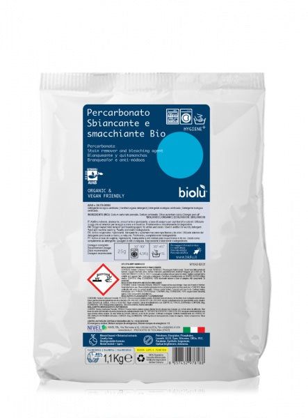 Detergent ecologic Biolu pudra 1,1kg, punga albă, eticheta albastră.