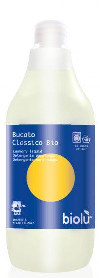 Detergent lichid ecologic Biolu, 1L, cu ulei esențial de lămâie, etichetă albastră și galbenă.