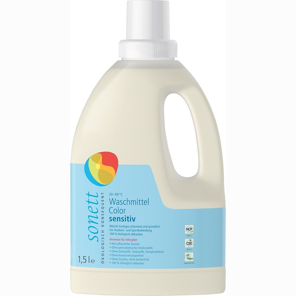 Detergent lichid Sonett pentru rufe colorate, 1.5L, capac alb, etichetă albastră.