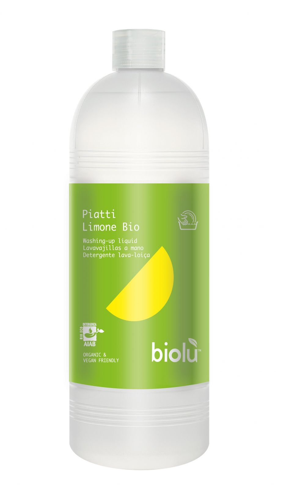 Detergent lichid ecologic Biolu 1L, sticlă transparentă, etichetă verde cu detalii galbene.