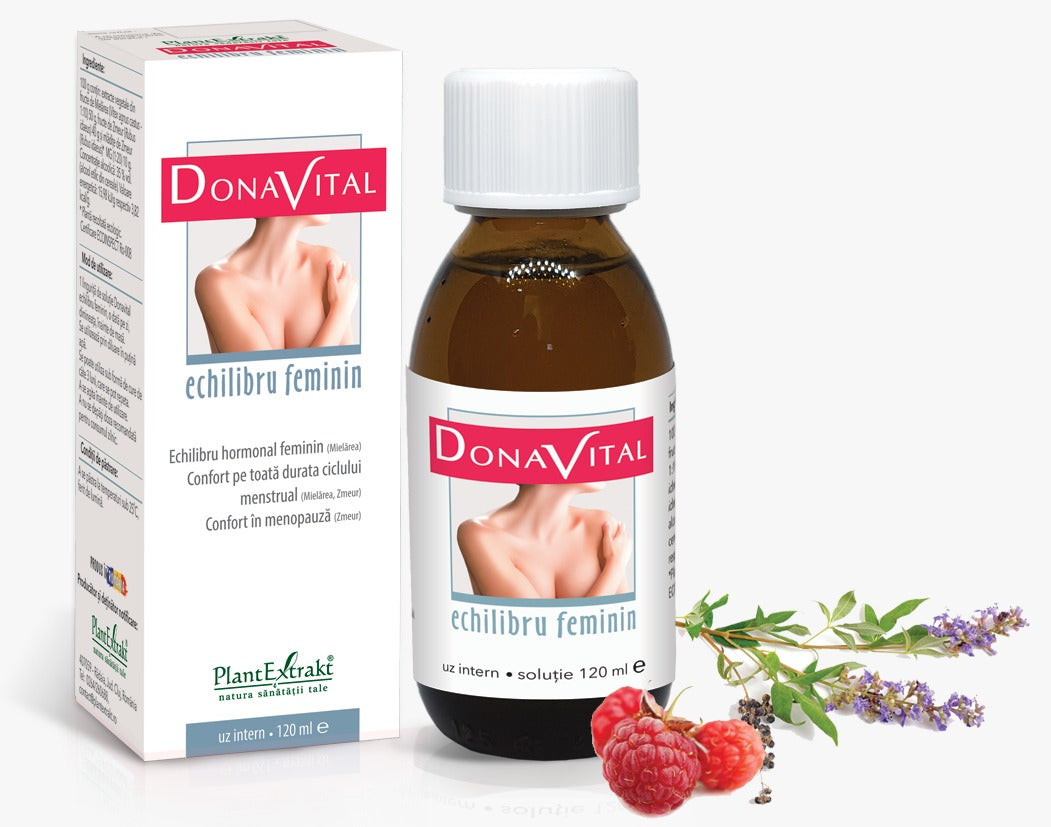 Sticla Donavital Echilibru Feminin 120 ml Plantextrakt, etichetă albă cu detalii roz.