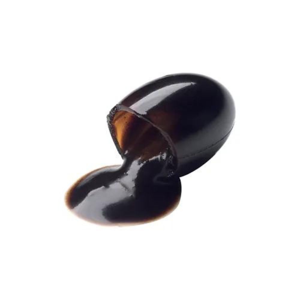 Capsulă neagră Dr.Ohhira® Deluxe cu probiotice fermentate, conținut maro, unghi lateral.