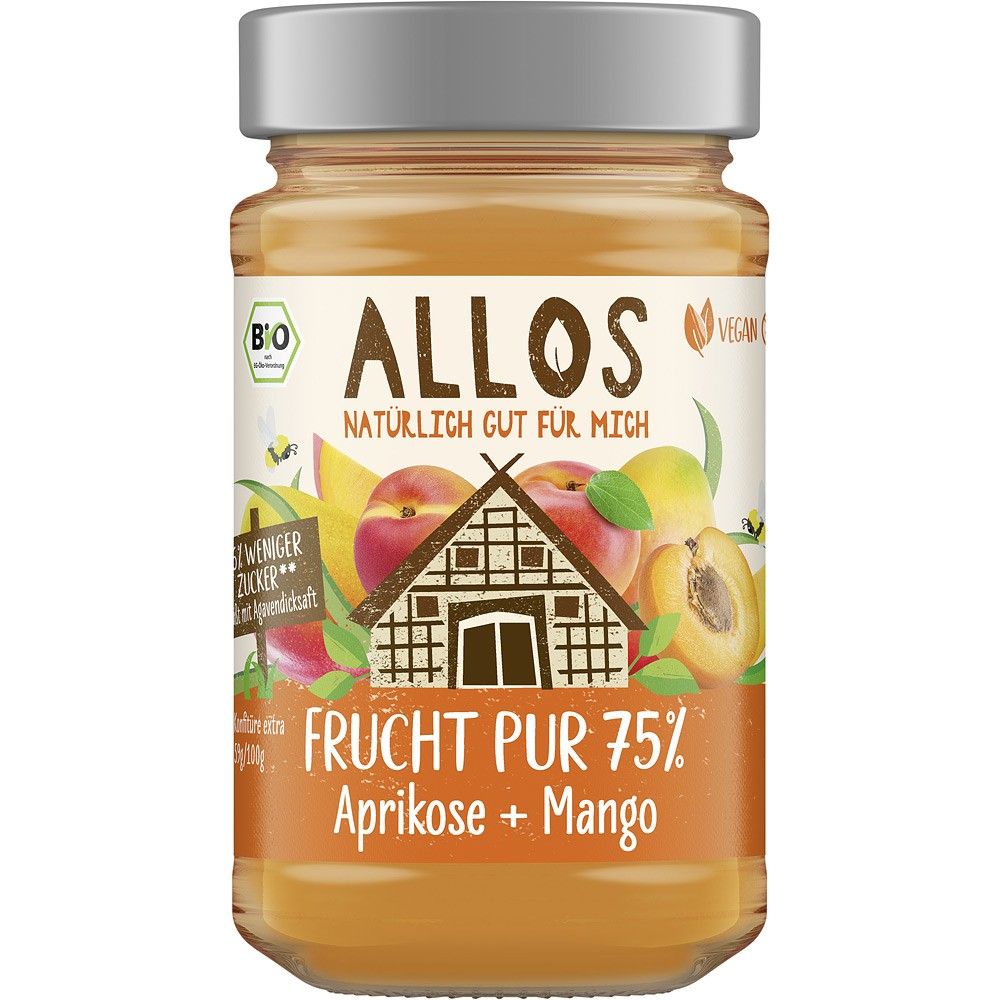 Dulceață bio caise și mango Allos 250g, etichetă cu fructe și design tradițional, capac argintiu.