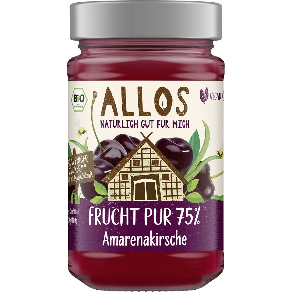 Dulceață bio de cireșe amare Allos 250g, etichetă cu design rustic, capac argintiu.