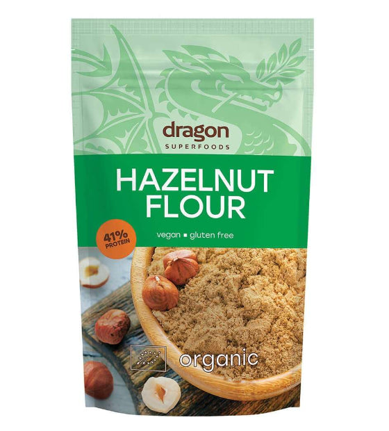 Făină de alune fără gluten bio 200g DS, vegană, ambalaj verde cu imagine alune și făină.