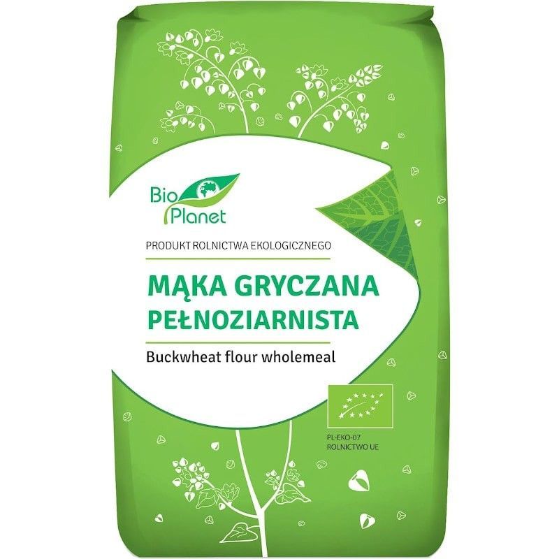 Făină de hrișcă integrală Bio Planet 500g, ambalaj verde cu motive florale.