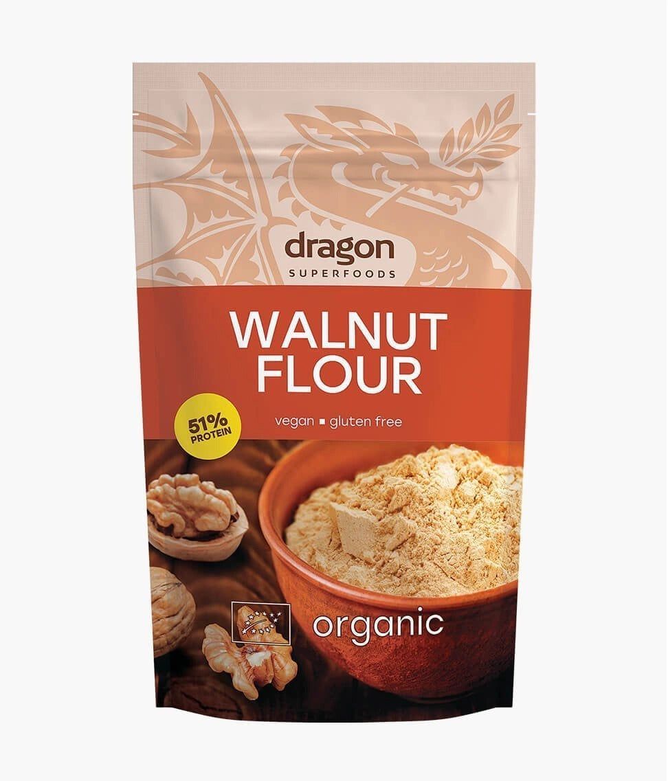 Făină de nuci bio, vegană, fără gluten, ambalaj de 200g, culoare maro, conținut 51% proteine.