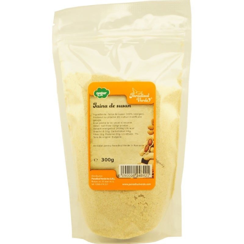 Făină de susan 300g Paradisul Verde, ambalaj transparent, etichetă colorată.
