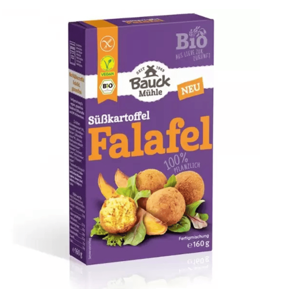 Falafel bio cu cartof dulce BauckHof 160g, ambalaj violet, vegan și fără gluten, cu imagine falafel și frunze verzi.