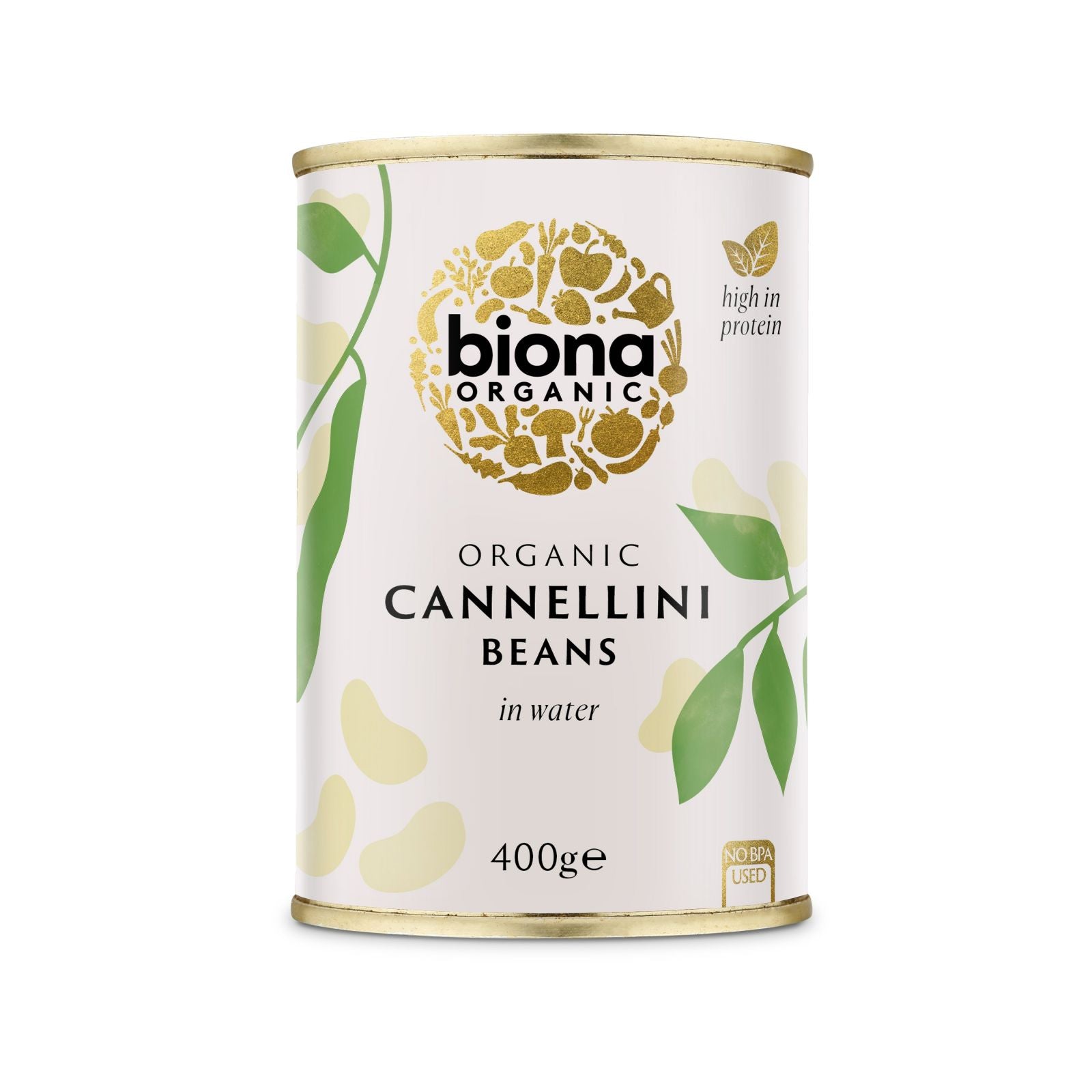 Fasole albă Cannellini bio Biona 400g, conservă metalică decor alb, verde, auriu.