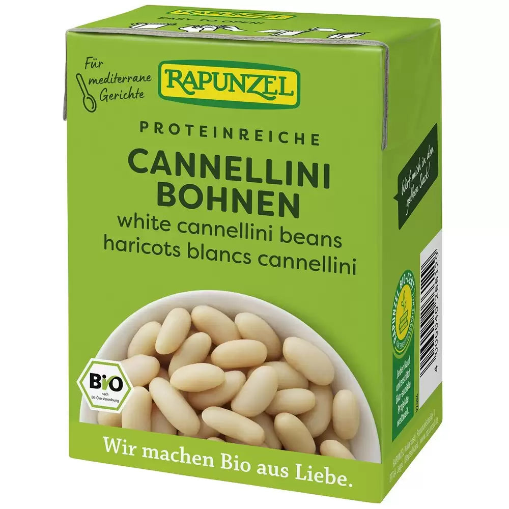 Fasole albă Cannellini bio Rapunzel 380g, ambalaj verde cu logo bio.