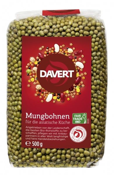 Fasole mung bio, verde, ambalată 500g Davert, etichetă roșie.