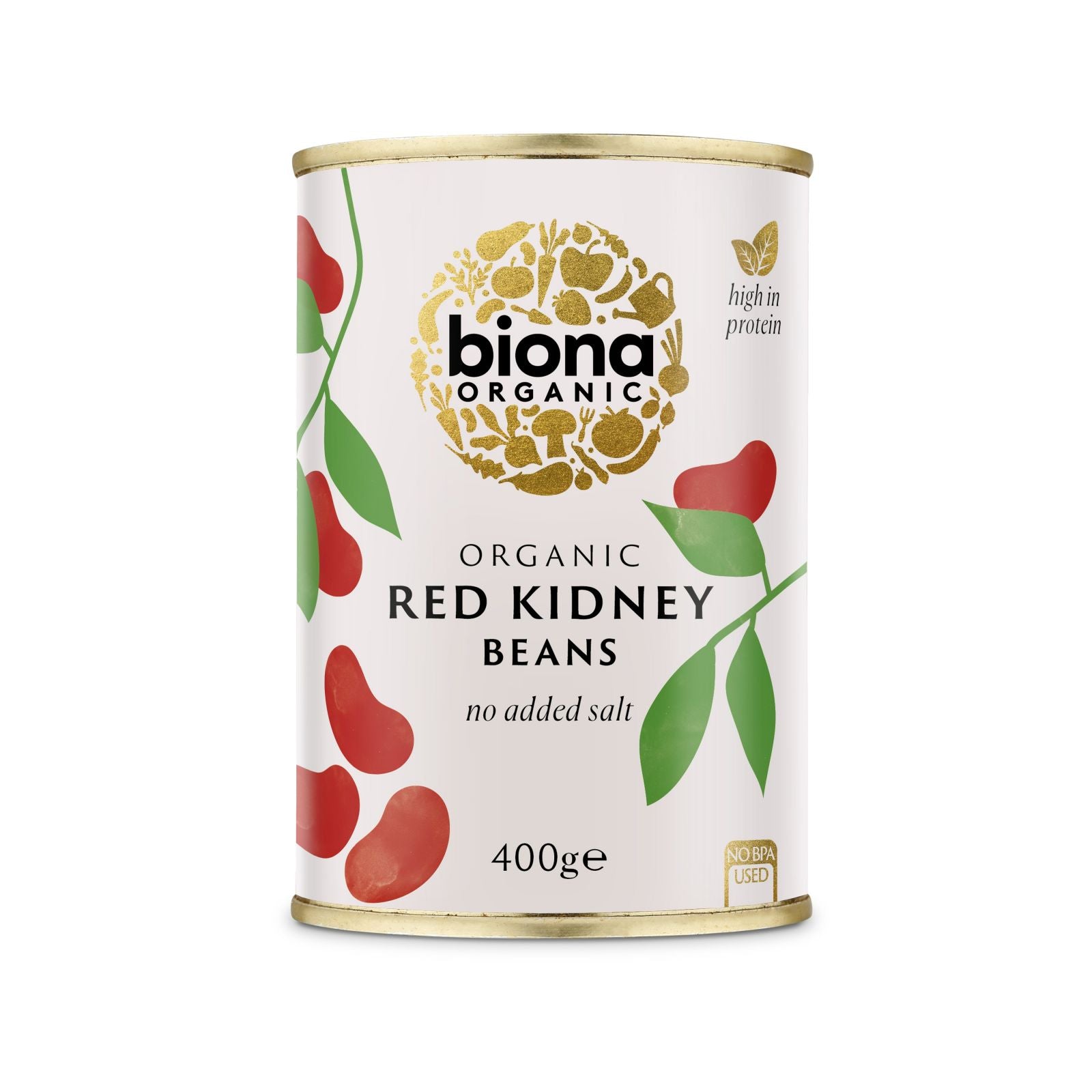 Conservă fasole roșie kidney bio Biona 400g, fără sare, etichetă verde-roșie.
