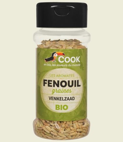 Fenicul semințe bio Cook 30g în recipient reutilizabil, capac negru, etichetă verde.