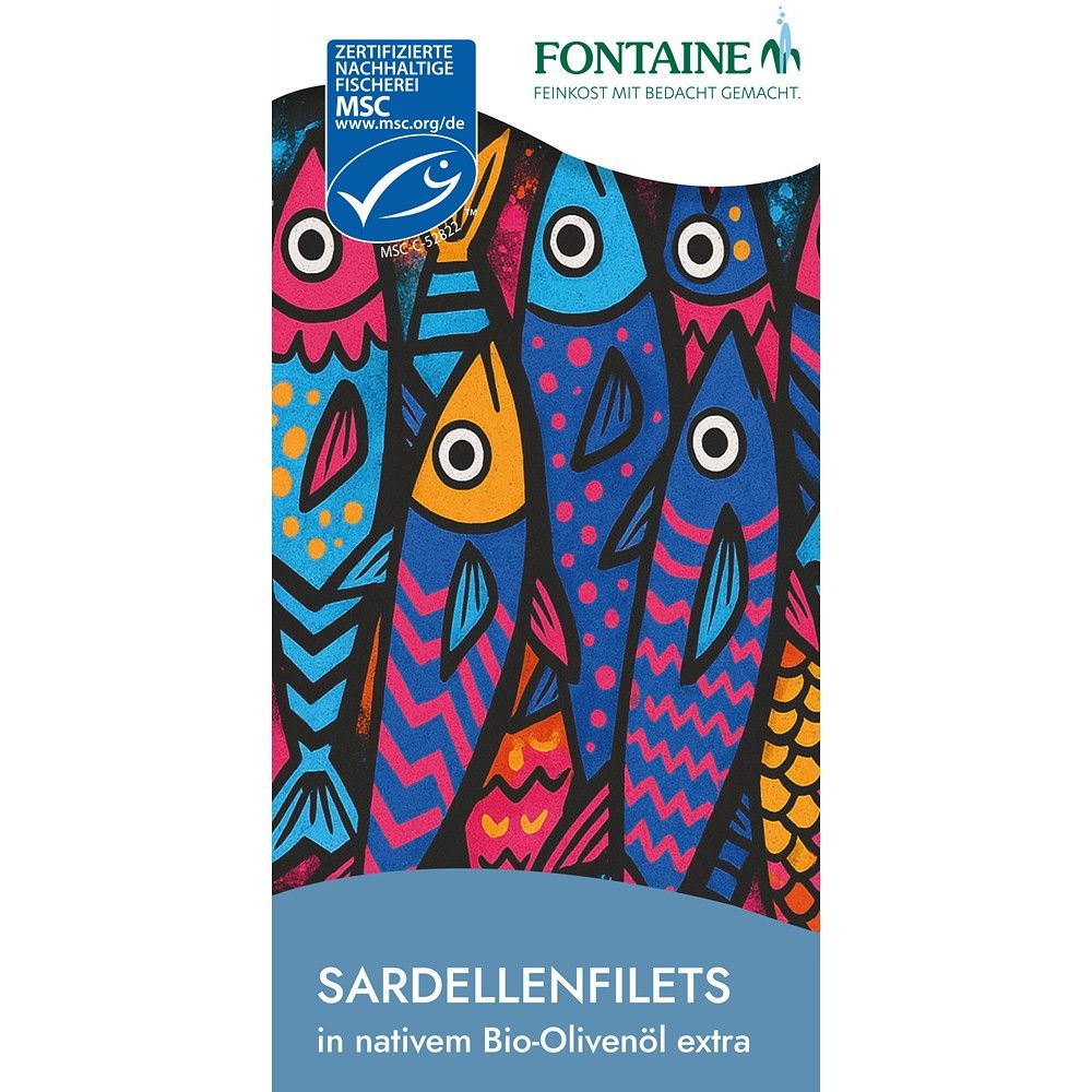 File de sardine în ulei de măsline bio Fontaine 45g, ambalaj colorat viu.