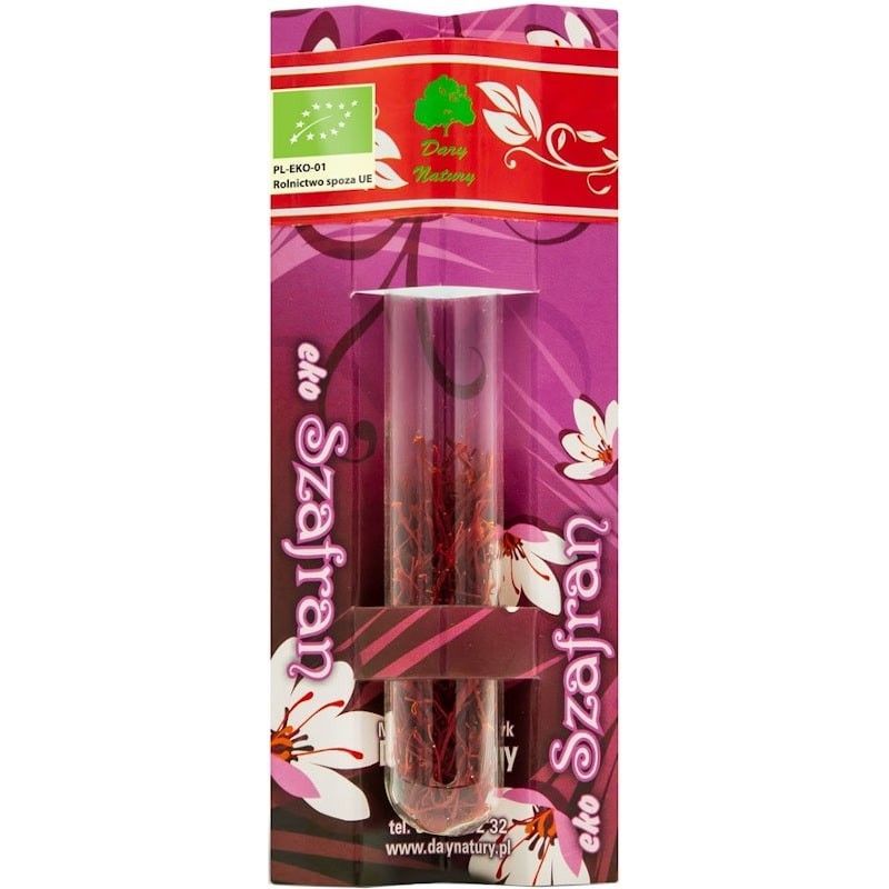 Fire de șofran Bio Dary Natury 0.5g, ambalaj mov cu flori albe, tub transparent.