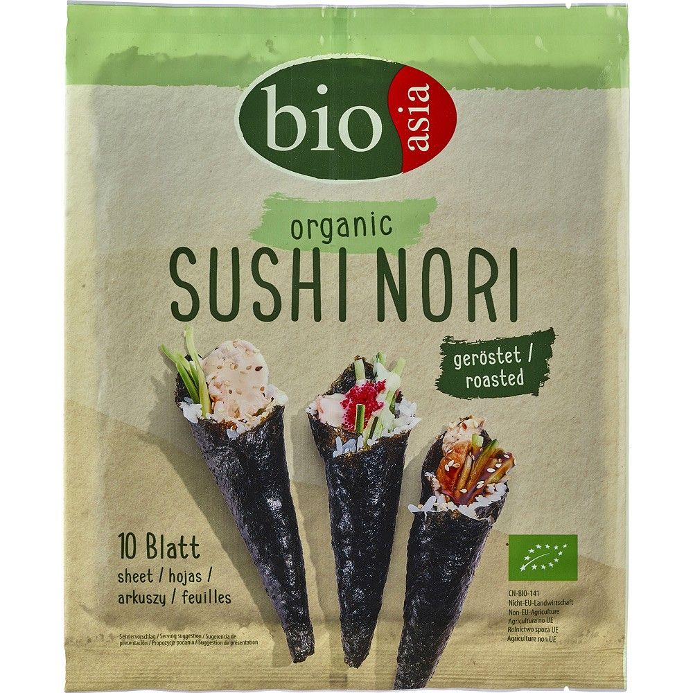 Pachet BioAsia Sushi Nori organic 10 foi prăjite, ambalaj verde și bej, imagine cu sushi învelit.