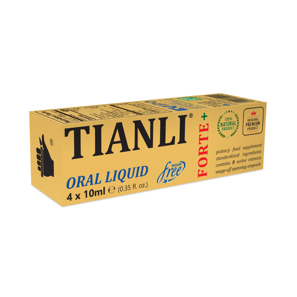 Supliment alimentar Forte+ Oral Liquid 4 x 10ml Tianli în cutie galbenă cu inscripții negre.
