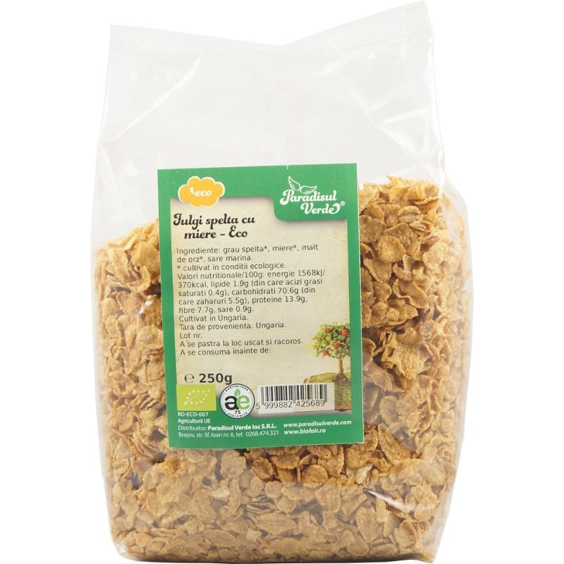 Fulgi de grâu spelta cu miere Eco, 250g, ambalaj transparent, Paradisul Verde.