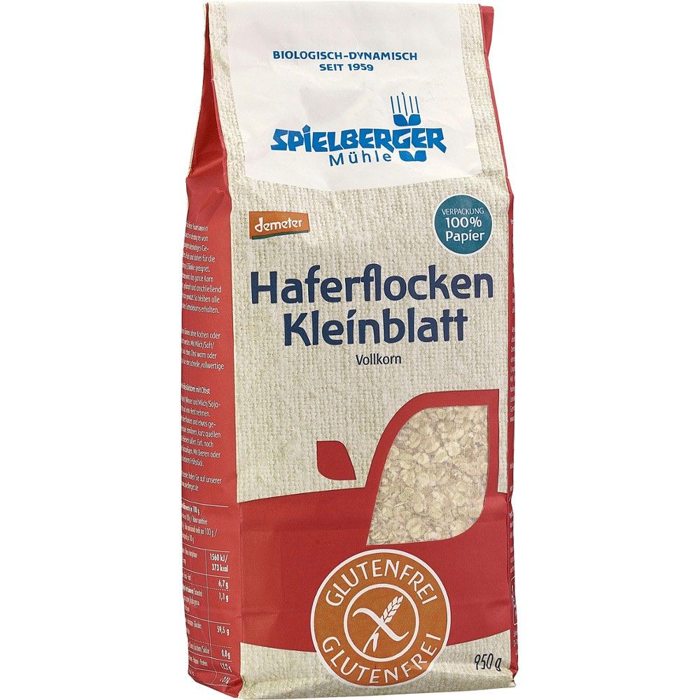 Fulgi mici de ovăz bio integrali fără gluten în ambalaj reciclabil 950g Spielberger.